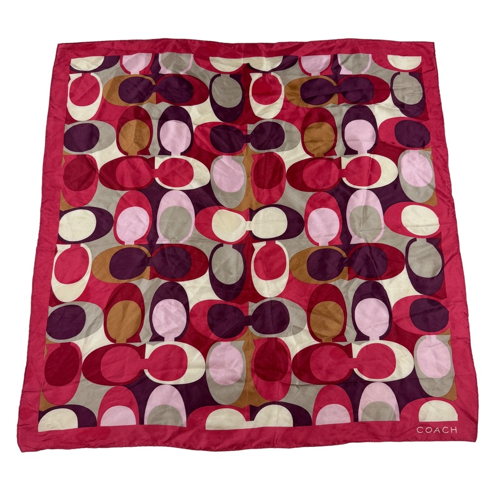 Coach Signature C Logo Square Silk Scarf Pink Purple Multi Color 26" Luxurious
